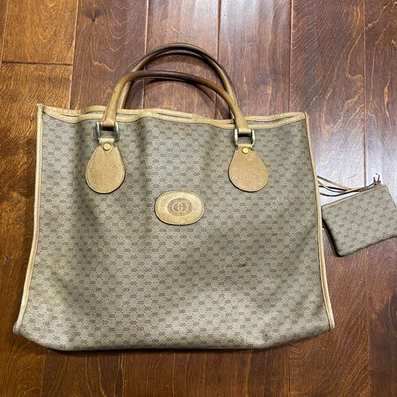 Gucci Authentic Vintage 80s GG Monogram Tan Brown Leather Tote Bag w/ Coin Pouch - Picture 3 of 12